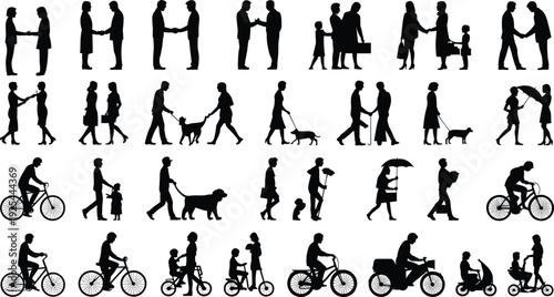 Human silhouettes, social interaction, outdoor activities, walking, cycling, family life, caregiving, pets, transportation, diversity, everyday behavior, urban lifestyle, design