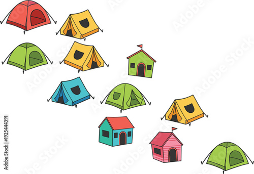 Diagonal composition of colorful camping tents and tiny houses for outdoor adventure travel and glamping vector illustration