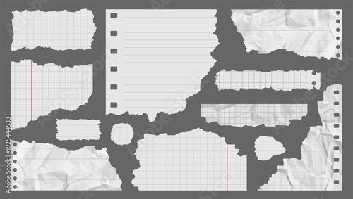 Scrapbooking Elements. Crumpled and Torn Pieces Lined Squared Notebook Paper. White Pieces Paper with Torn Edges. Ripped Crumpled white Paper Pieces. Realistic Crumpled Paper Scraps with Torn Edges.