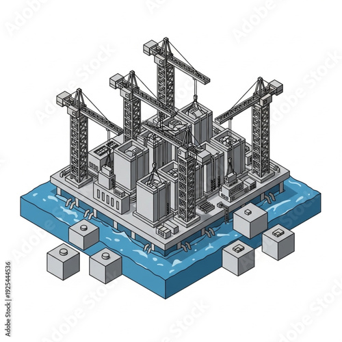 Isometric illustration of an offshore oil rig platform.