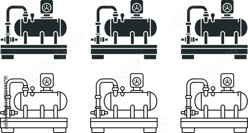 Industrial compressor, pump system, mechanical silhouette, engineering design, pressure gauge, piping, cylindrical tank, outline icons, machinery, factory equipment, technical illustration