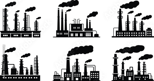 Industrial factory silhouettes, pollution vector illustration, smokestack emissions graphics, heavy industry icons, environmental impact art, manufacturing plant silhouettes collection