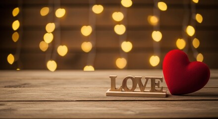 A wooden heart with the word 'LOVE' on it, placed on a wooden table with a blurred background of fairy lights.