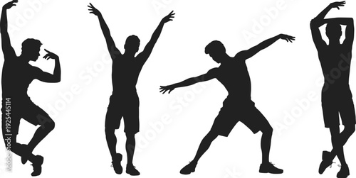 Male dancer silhouettes in dynamic poses, contemporary dance performance vector illustration isolated on white background
