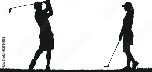 Male and female golfer silhouettes playing golf isolated on white background, sports activity and leisure concept