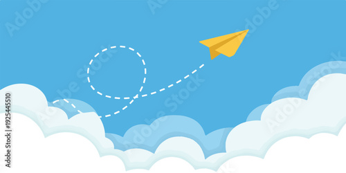 A minimalist digital illustration of a yellow paper airplane flying through a bright blue sky with white fluffy clouds.