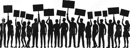 Protest crowd silhouette with blank placards, diverse people demonstration rally vector illustration isolated on white background
