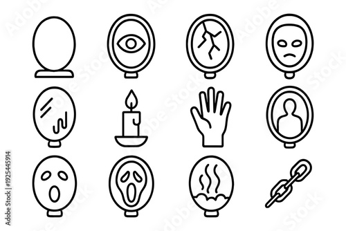 Linear halloween mirror icons: ghosts, spooky faces, and mystical objects