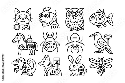 Steampunk animal icons featuring mechanical elements in linear style