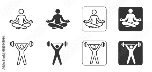 Fitness and Wellness Icon Set.Zen Yoga Pose, Bodybuilding,Healthy Lifestyle.Yoga Meditation and Weightlifting Variations.