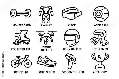 Futuristic sports gear icons collection in linear style