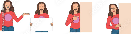 Presentation, communication, woman illustration, holding sign, pointing gesture, peeking panel, information display, teaching, promotion, advertising, explainer, cartoon