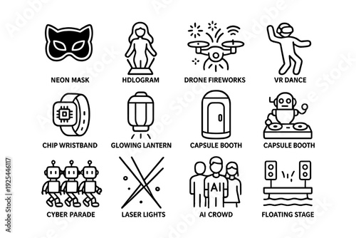 Futuristic icons set: neon mask, vr dance, hologram, drone fireworks, ai crowd