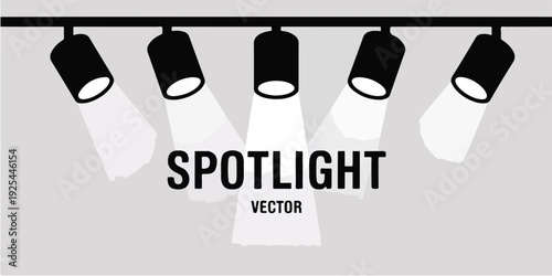 A minimalist vector illustration of five black cylindrical track lights mounted on a horizontal black bar against a light gray background.