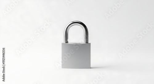 Unlocked silver padlock with open shackle on a plain white surface on white background