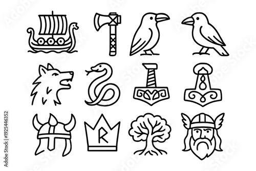 Norse mythology icons set: line art of valkyrie symbols and viking culture