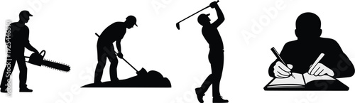 Silhouettes of worker with chainsaw, gardener digging soil, golfer swinging club and student writing isolated on white