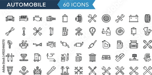 Automobile Service and Car Repair Line Icon Set Featuring Auto Parts Tools Garage Maintenance Symbols for Mechanic Workshop Apps Websites and Transportation Design