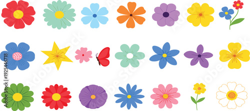 Colorful Flower Icon Set with Cute Floral Shapes and Blossoms, Bright Spring Garden Cartoon Collection for Decoration Pattern Kids and Nature Design