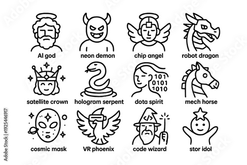 Futuristic icon set featuring ai, mythical creatures, and cyber themes in a linear style