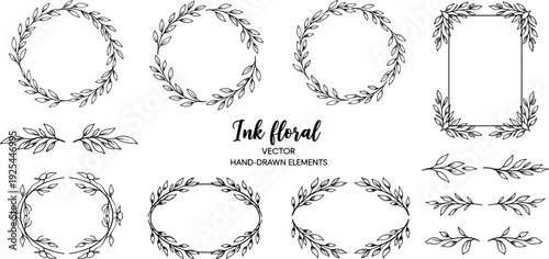 Hand Drawn Floral Wreath and Laurel Frame Set with Leaves Branches and Botanical Elements, Elegant Ink Vector Collection for Wedding Invitation Logo and Decoration