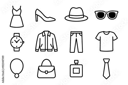 Linear fashion icons set featuring apparel, accessories, and footwear