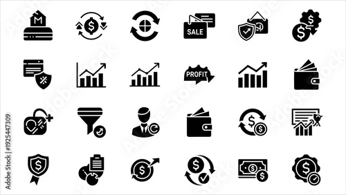Collection of black financial icons on white background illustrating various business and commerce concepts