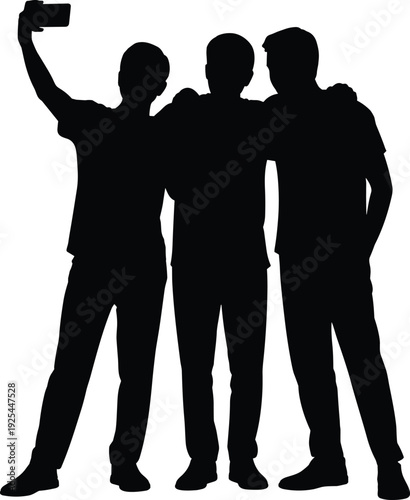 Three friends taking selfie silhouette, young men group photo isolated on white background social media vector illustration