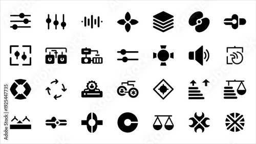 Collection of various black icons representing different concepts and objects on a plain background viewed from directly above