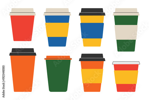 A collection of colorful disposable coffee cups on a white background