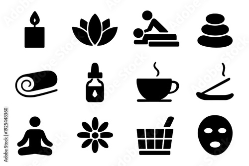 Set of spa and wellness silhouettes: candle, massage, zen stones, yoga, tea, facial mask
