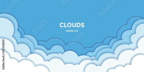 A minimalist paper cut-out style illustration of white fluffy clouds against a bright blue sky.