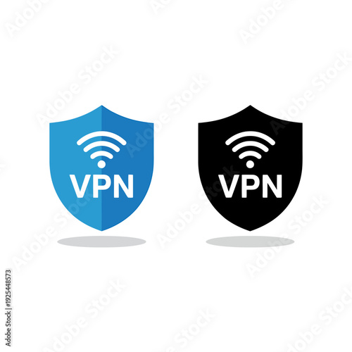 Blue and black shield icons with VPN and WiFi symbols on white background