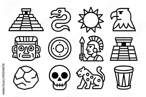 Ancient mesoamerican icons in bold outline style featuring symbols and animals