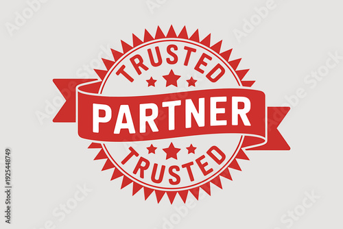 Red trusted partner badge icon with ribbon and stars on light gray background