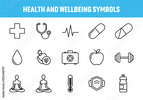 Health and wellbeing symbols icons set