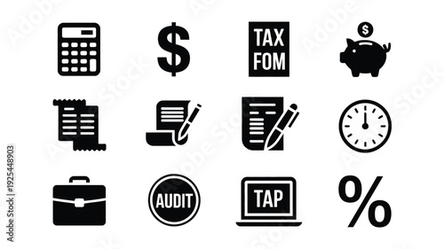 Bundle of 12 tax day silhouette logos and icons for finance and accounting concepts