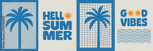 Summer vibes palm trees and sunny illustrations on beige background