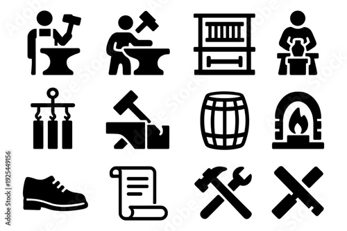 Set of blacksmith icons: tools, forge, and anvil in black silhouette style