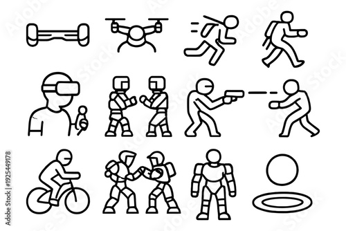Futuristic activities and sports icons featuring robotics and virtual reality elements