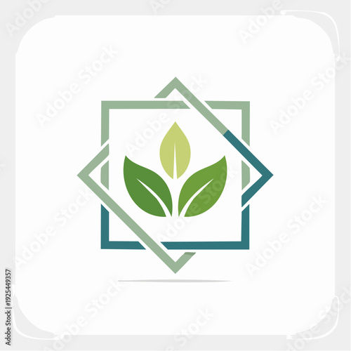 Abstract logo design featuring green leaves within a geometric square frame
