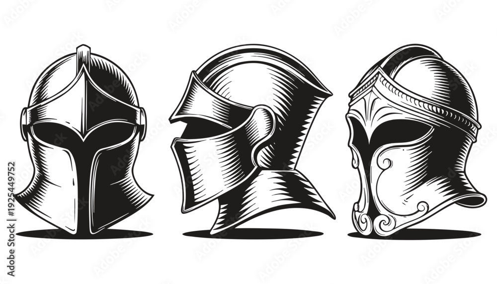custom made wallpaper toronto digitalThree medieval helmets displayed in a row, showcasing different designs and profiles, illustrating historical armor.