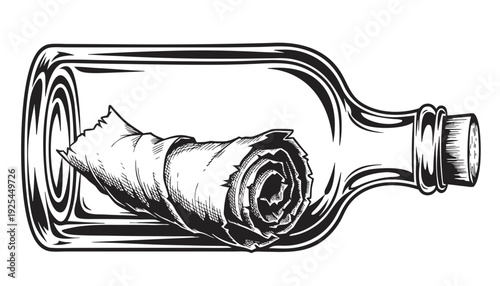 An illustration of a rolled message in a glass bottle lying on its side, viewed from the front