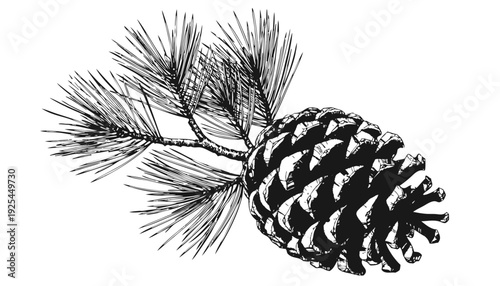 Pine cone and branches illustration from a close-up viewpoint showcasing nature's detail