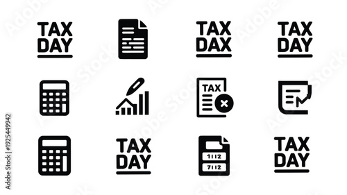 Modern tax day silhouette logo and emblem set with calculator documents and graphs on white background for finance and accounting