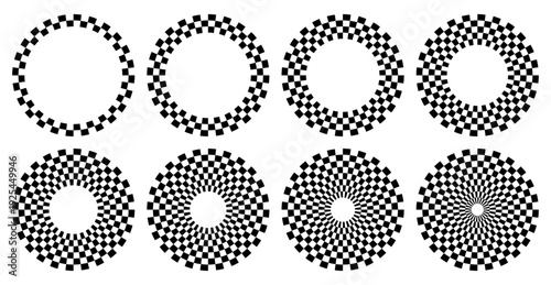Circle checker frames. Round checkered borders, racing flag circle for start and finish. Geometric  warped grid rings, radial mosaic vector set