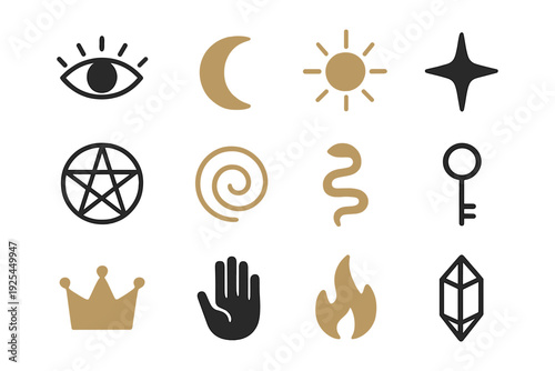 Mystical and magical symbols set in minimalist style