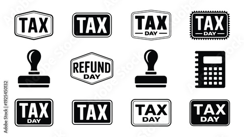 Collection of 12 vintage tax day stamps and icons on white background including refund day and calculator symbols