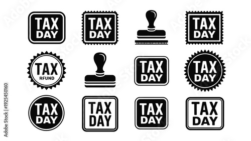 Collection of 12 black and white vintage style tax day stamps and seals with various shapes and designs on white background
