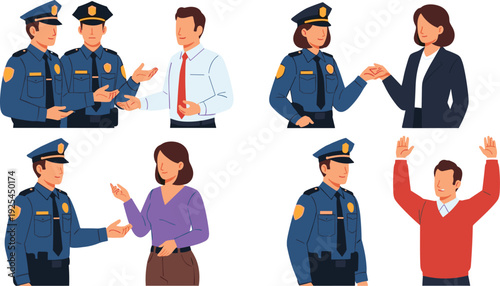Police Officers Interacting with Civilians Law Enforcement Communication Vector Illustration Set
